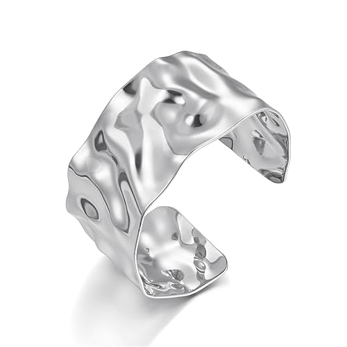 WOWORAMA Silver Hammered Cuff Bracelet for Women Boho Chunky Wide Open Bangles Vintage Silver Statement Bracelet Adjustable Wrist Arm Cuff Bracelets - Image 1
