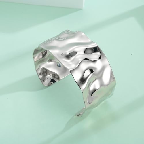 WOWORAMA Silver Hammered Cuff Bracelet for Women Boho Chunky Wide Open Bangles Vintage Silver Statement Bracelet Adjustable Wrist Arm Cuff Bracelets - Image 5