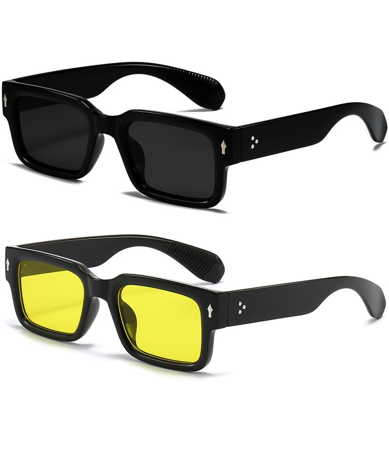 EYLRIM Square Frame Sunglasses for Women Men Trendy Chunky Rectangle Sun Glasses Black Shades UV400 Protection2 Pack BlackGreyBlackYellow - Image 2