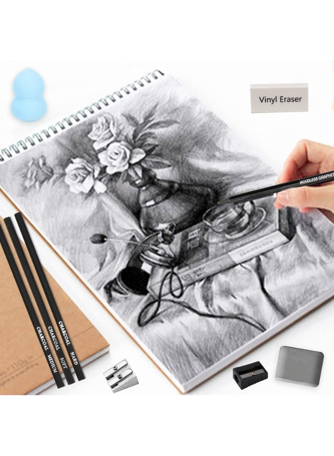 طقم رسم من 32 قطعة - مجموعة أقلام رسم احترافية مع أعواد فحم، دمى مزج، ممحاة قابلة للعجن، وحقيبة بسحاب - لوازم فنية كاملة للمبتدئين والمحترفين - Image 2