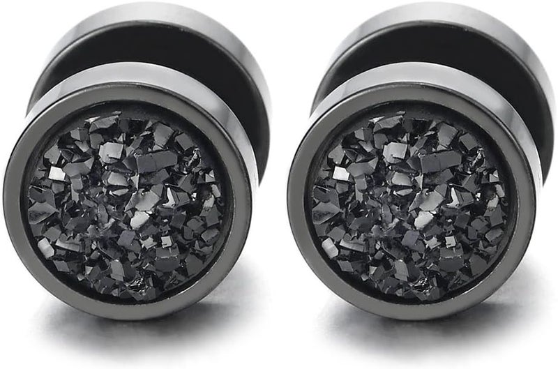 COOLSTEELANDBEYOND 10mm Black Circle Stud Earrings with Glitter - Unisex Steel Cheater Fake Ear Plugs - Image 1