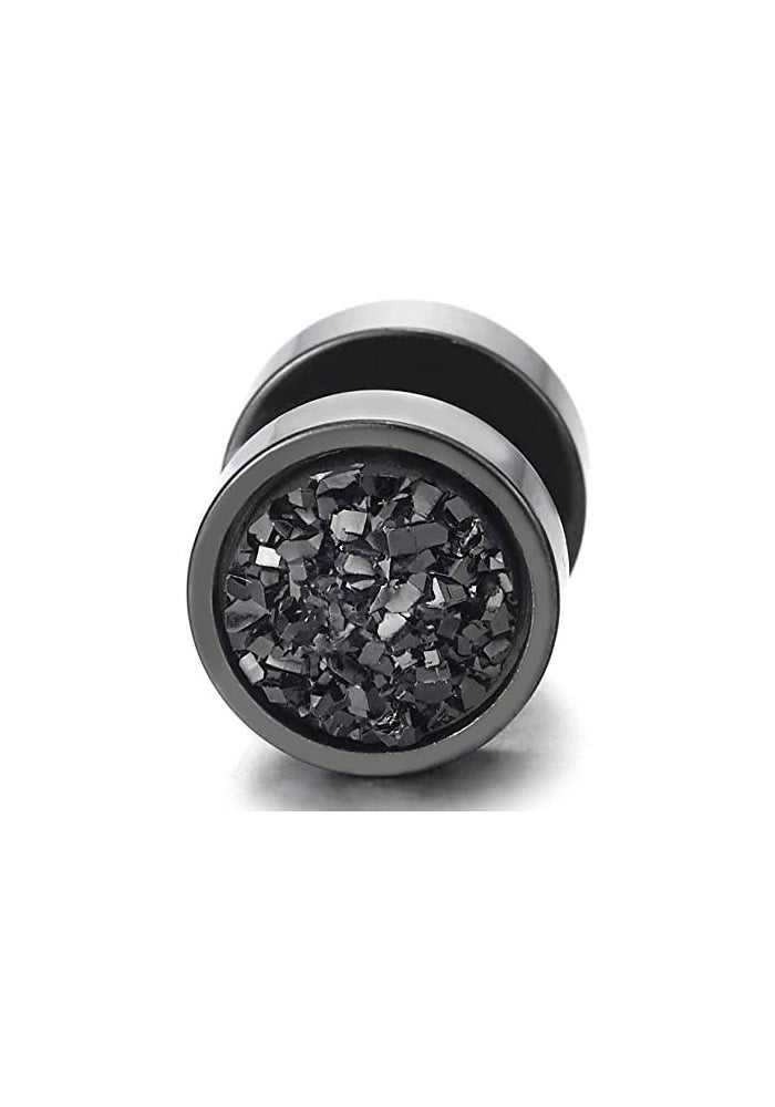 COOLSTEELANDBEYOND 10mm Black Circle Stud Earrings with Glitter - Unisex Steel Cheater Fake Ear Plugs - Image 2
