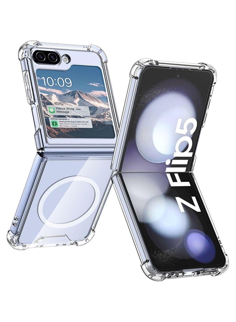 Clear Magnetic Case for Samsung Galaxy Z Flip 5, Soft TPU, Anti-Yellowing, Anti Shock Protector, Camera Shockproof Corners, Compatible with MagSafe