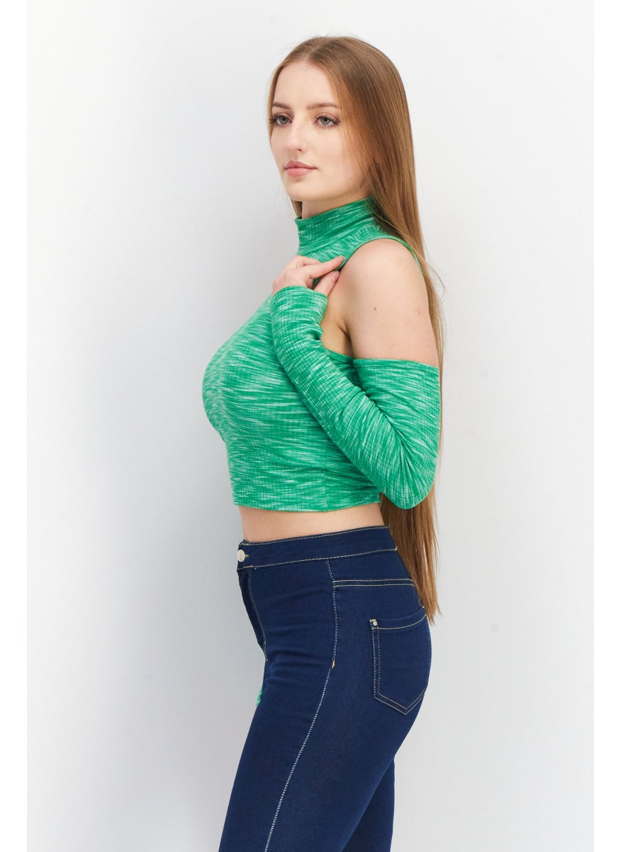 Don't Call Me Jennyfer - Women Mock Neck Cold Shoulder Space Dye Top, Green - Image 1