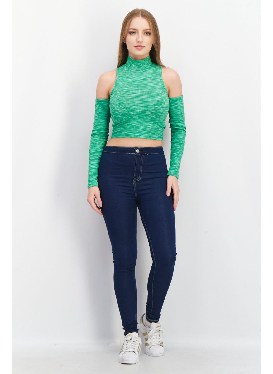 Don't Call Me Jennyfer - Women Mock Neck Cold Shoulder Space Dye Top, Green - Image 1