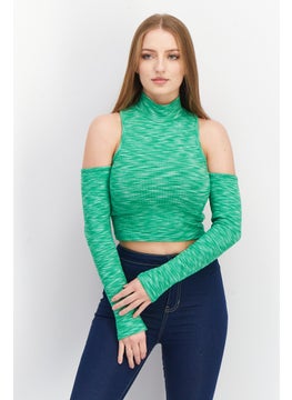 Women Mock Neck Cold Shoulder Space Dye Top, Green
