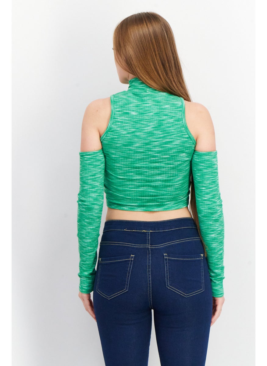 Don't Call Me Jennyfer - Women Mock Neck Cold Shoulder Space Dye Top, Green - Image 1
