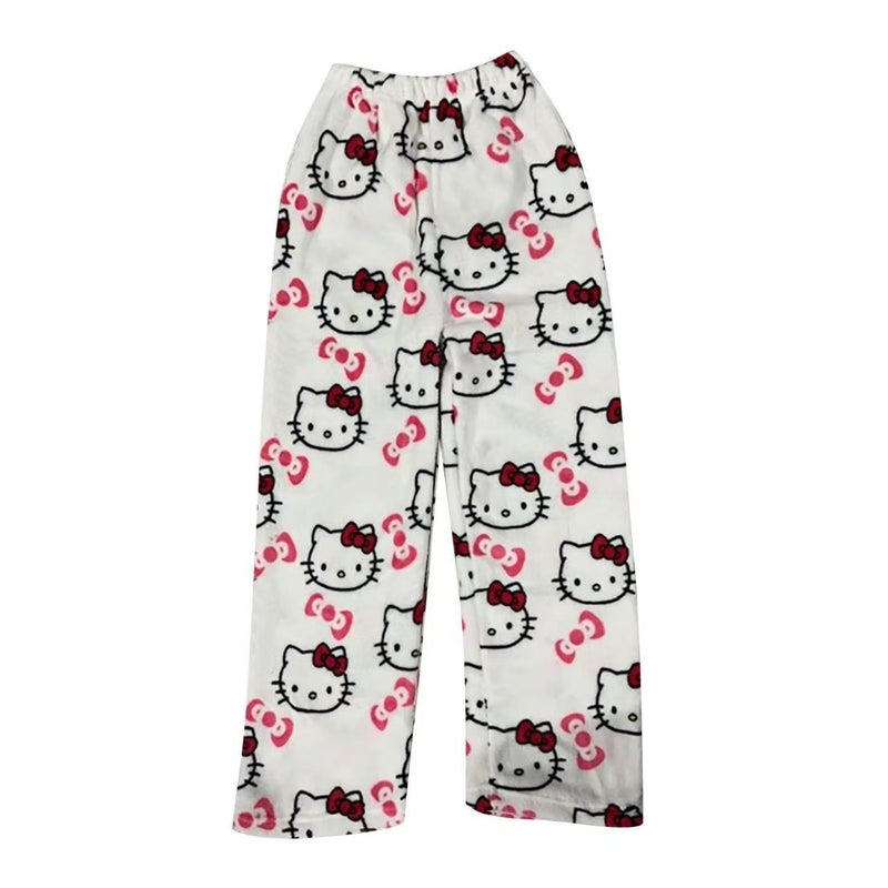 Childrens Cartoon KT Cat Pajama Pants Thickened Autumn Winter Warm Casual Home Leisure Flannel Pants Double Pack Red  - Image 2