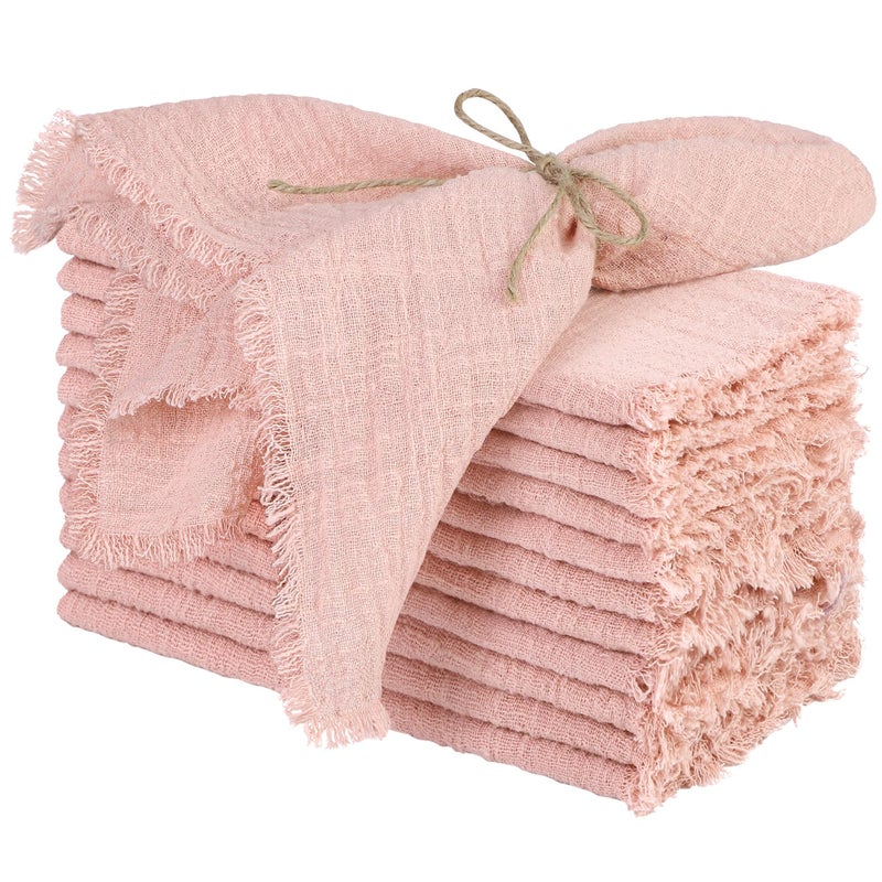 TURSTIN 12 Pieces Cotton Linen Cloth Napkin Handmade Cloth Napkin with Fringe 17 x 17 Inch Soft Cloth Dinner Wedding Napkin Square Rustic Fringe Napkin for Dinners Parties Weddings Dusty Pink