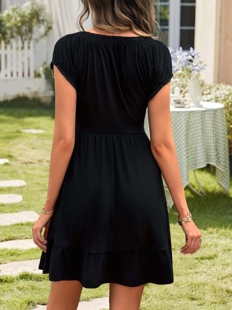 HUHOT Spring Graduation Dresses for Women 2025 2026 Short Summer Black Mini Sundress Casual with Pockets Teens Smocked Flowy Cute Petite Sun Dress 5 Ft Hide Tummy Sleeves Elegant Classy - Image 3