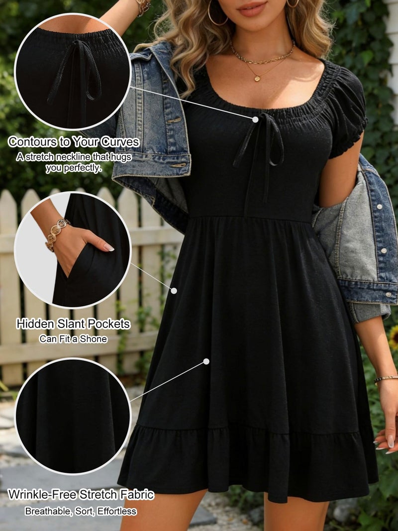 HUHOT Spring Graduation Dresses for Women 2025 2026 Short Summer Black Mini Sundress Casual with Pockets Teens Smocked Flowy Cute Petite Sun Dress 5 Ft Hide Tummy Sleeves Elegant Classy - Image 4