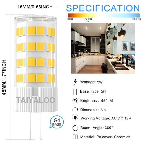 TAIYALOO G4 LED Bulb 12V AC/DC 5W Equivalent to 40W Halogen Bulb, T3 JC Type Bi-Pin Base, Warm White 2700K G4 Bulb for Outdoor Landscape Lighting Deck Stair Step Path Paver Lights, Home Lighting, (6 Pack) - Image 3