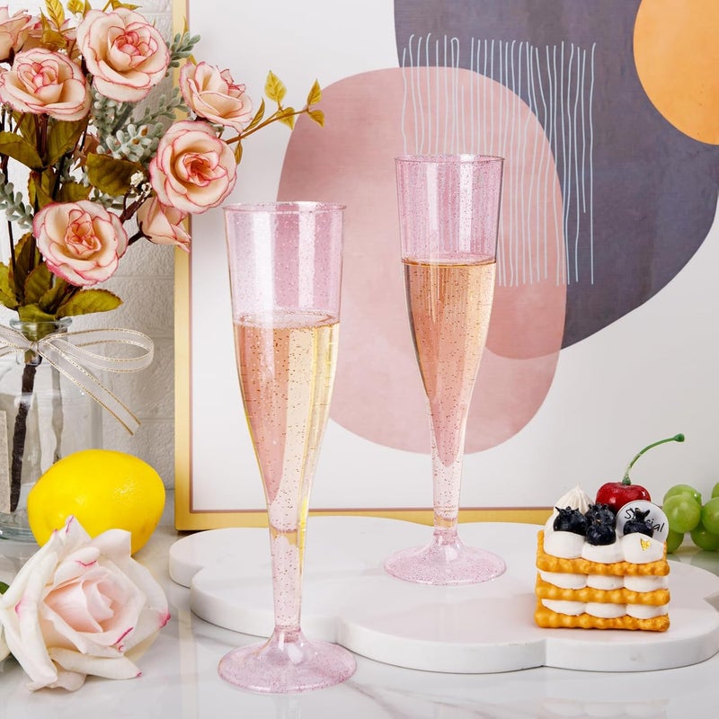 WDF 36 Pack Pink Glitter Plastic Champagne Flutes - 7OZ Disposable Pink Glasses Glitter Champagne Flutes Plastic for Party & Wedding - Image 5