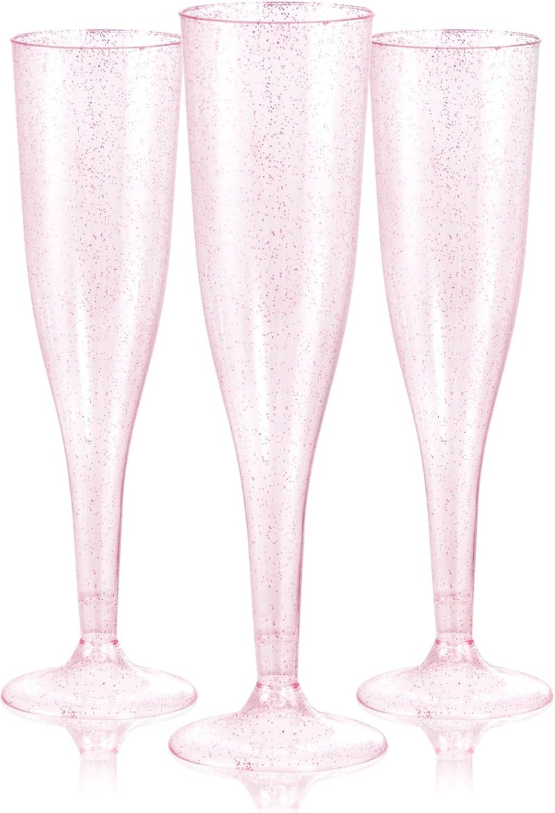 WDF 36 Pack Pink Glitter Plastic Champagne Flutes - 7OZ Disposable Pink Glasses Glitter Champagne Flutes Plastic for Party & Wedding - Image 1