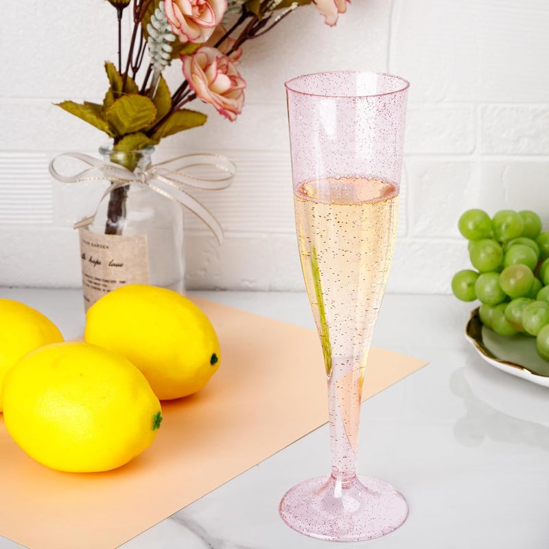 WDF 36 Pack Pink Glitter Plastic Champagne Flutes - 7OZ Disposable Pink Glasses Glitter Champagne Flutes Plastic for Party & Wedding - Image 2
