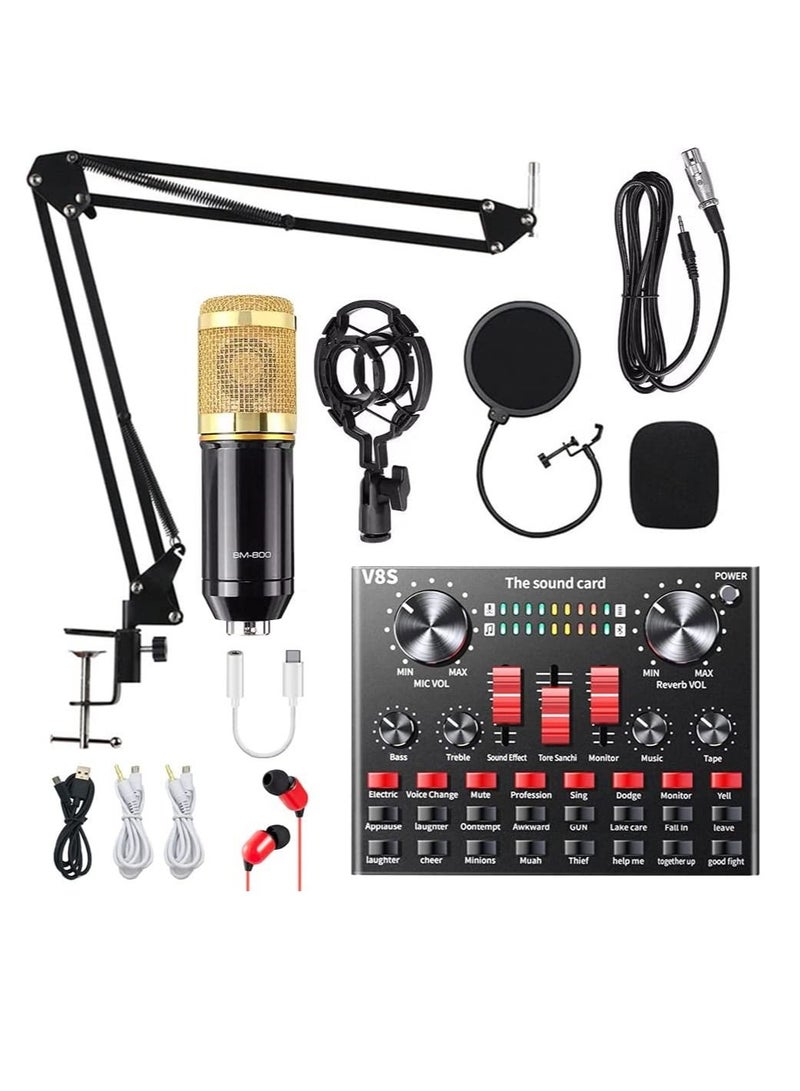 Condenser Microphone Bundle with V8s Live Sound Card for Live Streaming, Singing, YouTube, Gaming, BM 800 Condenser Microphone Kit with Cardioid Design for Gamer (Black) - Image 1