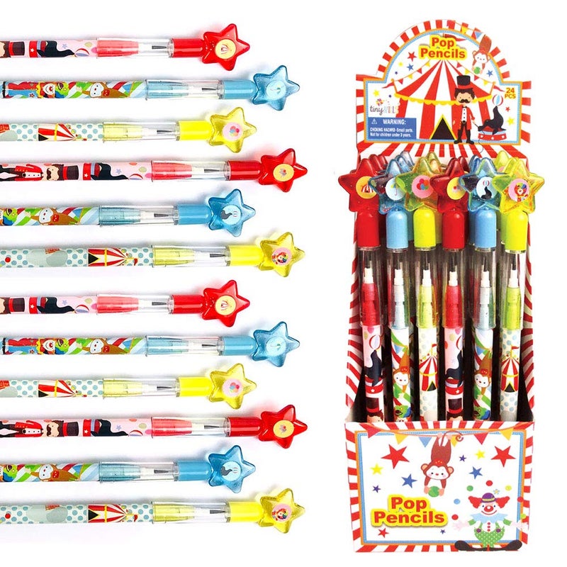 TINYMILLS 24 Pcs Circus Carnival Multi Point Stackable Pencil with Eraser for Circus Carnival Birthday Party Favor Prize Carnival Goodie Bag Stuffers - Image 1