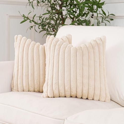 NiNi ALL Faux Fur Plush Throw Pillow Covers Beige 18x18 Inch Set of 2 Decorative Soft Plush Striped Couch Pillow Cover for Sofa Cushion Cases for Couch Bed Home Decor - Image 1