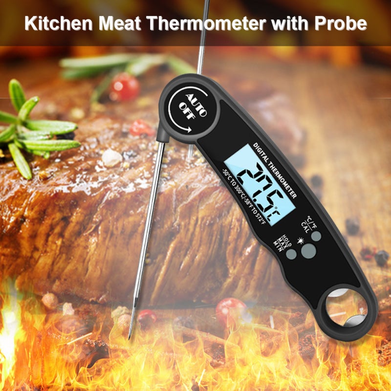 Meat Thermometer: Black IP67 Waterproof Foldable Stainless Steel Probe - Ultra-fast Accurate Backlit LCD Display Temperature Monitor for Home Kitchen Barbecue Food Cooking - Image 2