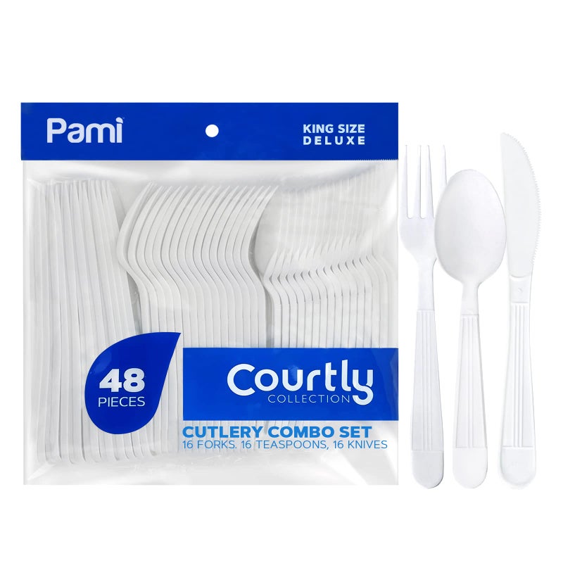 PAMI Heavy Duty White Plastic Cutlery Set 48 Pieces 16 Forks Knives Teaspoons Single Use White Plastic Utensils for Parties Weddings Catering