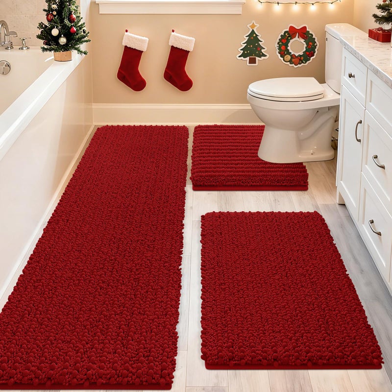 ACCUMTEK Upgrade Extra Large Red Bathroom Rug Set 3 Pieces Ultra Soft Thick Absorbent Bath Mats Non Slip Chenille Toilet Mat for Bathroom Bedroom Kitchen