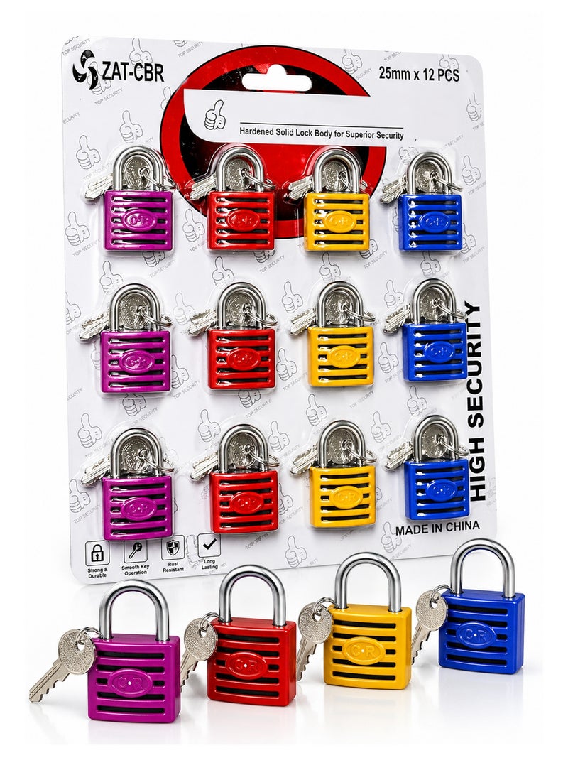 25mm Mini Padlocks 12PCS Set – Small Security Locks 4 Colors with 2 Keys Each for Luggage Lockers Cabinets Bags - Image 1