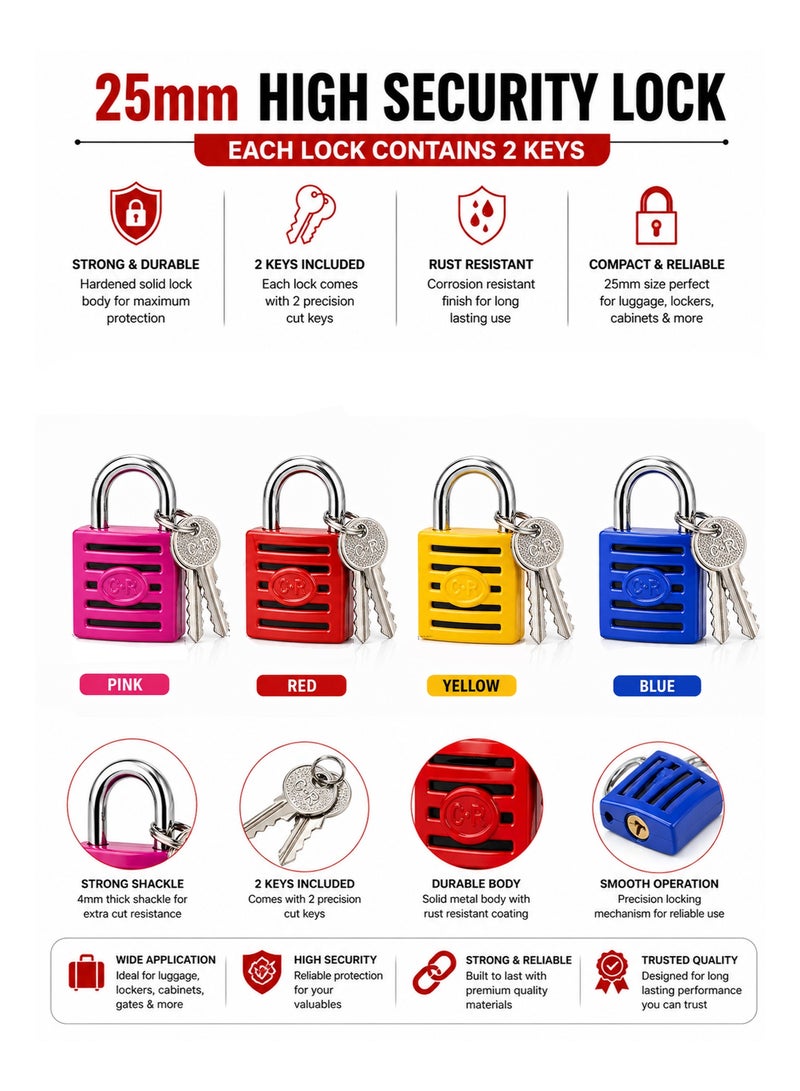 25mm Mini Padlocks 12PCS Set – Small Security Locks 4 Colors with 2 Keys Each for Luggage Lockers Cabinets Bags - Image 3