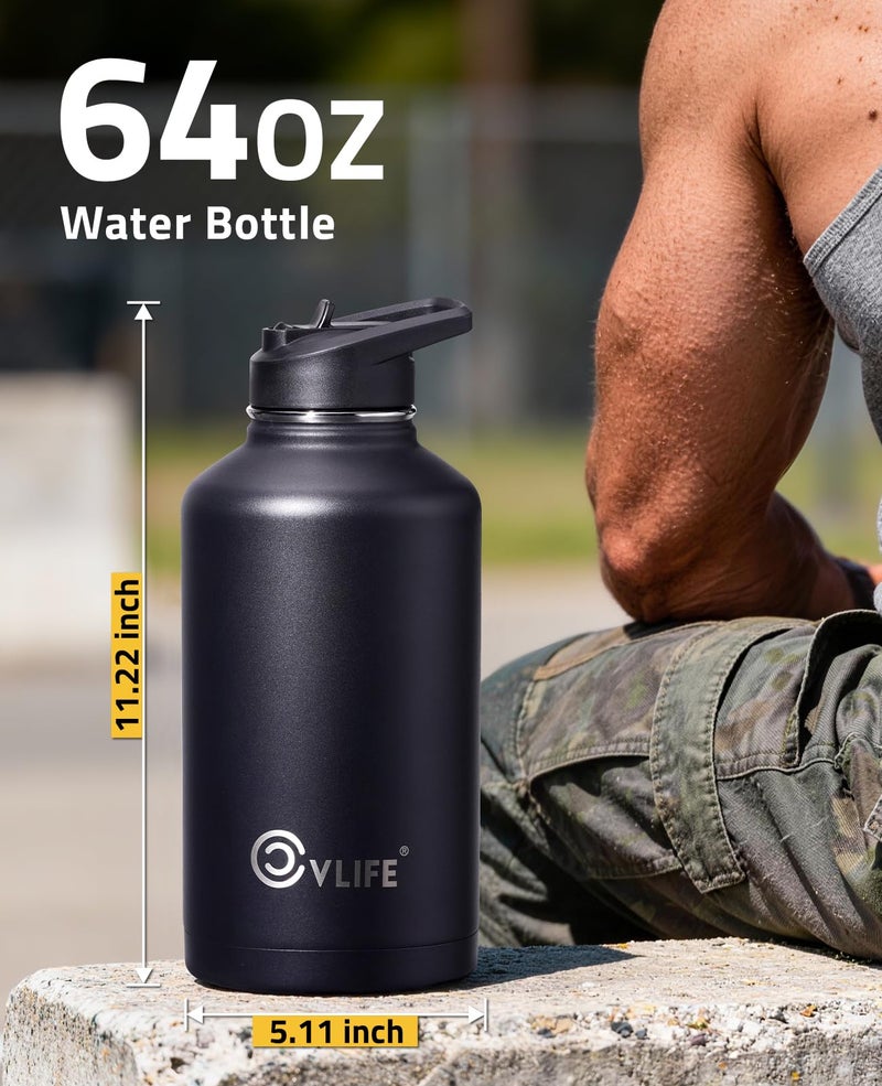 CVLIFE Half Gallon Water Bottle with Straw, 64 oz Insulated Stainless Steel Water Jug, Battle Sports Bottle with Bottle Pouch, Durable Handle, Removable Sleeve for Gym, Hiking, Camping (Black 2 Liter) - Image 2