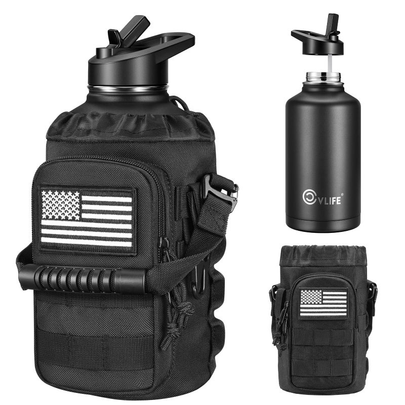 CVLIFE Half Gallon Water Bottle with Straw, 64 oz Insulated Stainless Steel Water Jug, Battle Sports Bottle with Bottle Pouch, Durable Handle, Removable Sleeve for Gym, Hiking, Camping (Black 2 Liter) - Image 1