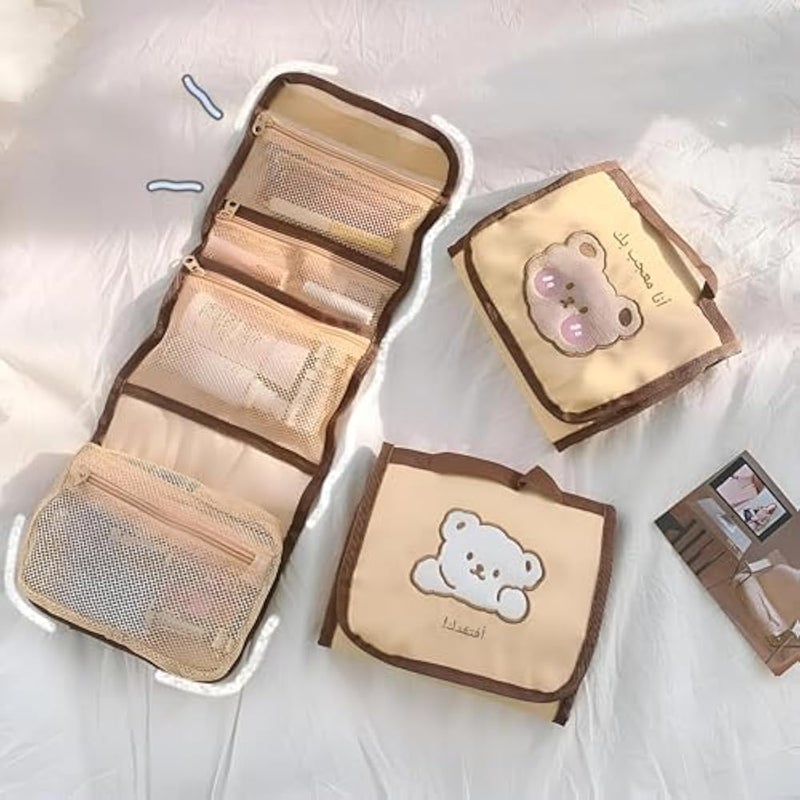 Cosmetic Pouch - Spacious divided makeup case with water-resistant fabric, plush light brown outer layer, and wipeable interior to keep items organized. - Image 3