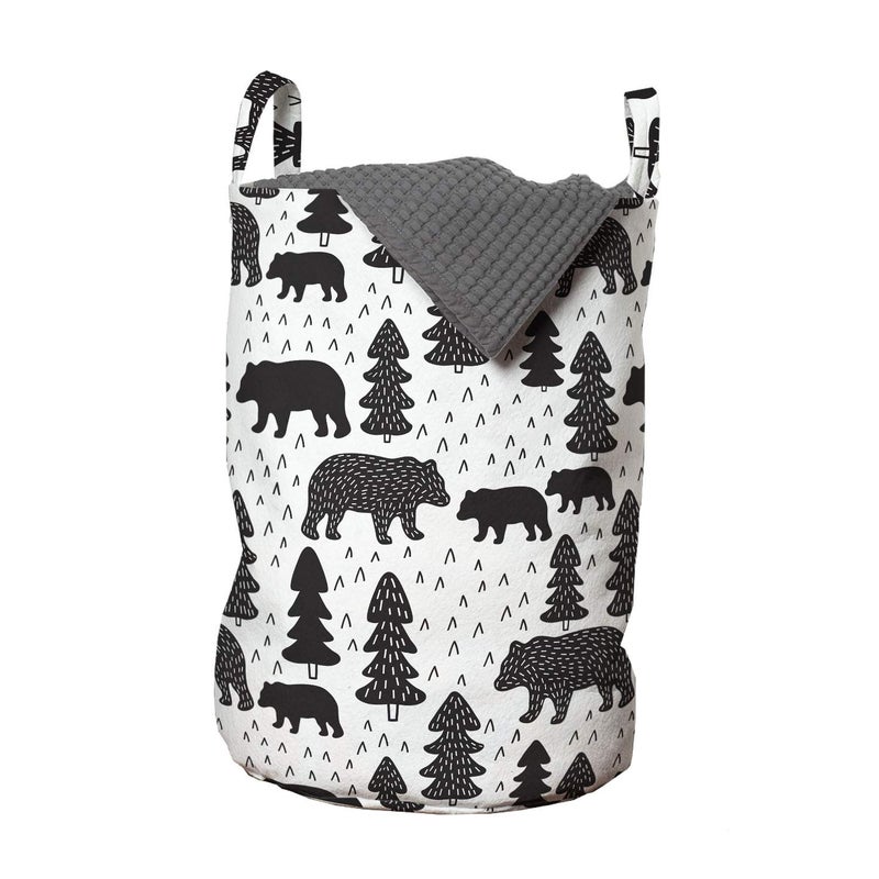 Lunarable Forest Laundry Bag, Doodle Woodland Grizzly Bears Pine Trees Winter Foliage Scandinavian, Hamper Basket with Handles Drawstring Closure for Laundromats, 13" x 19", Grey Charcoal - Image 1