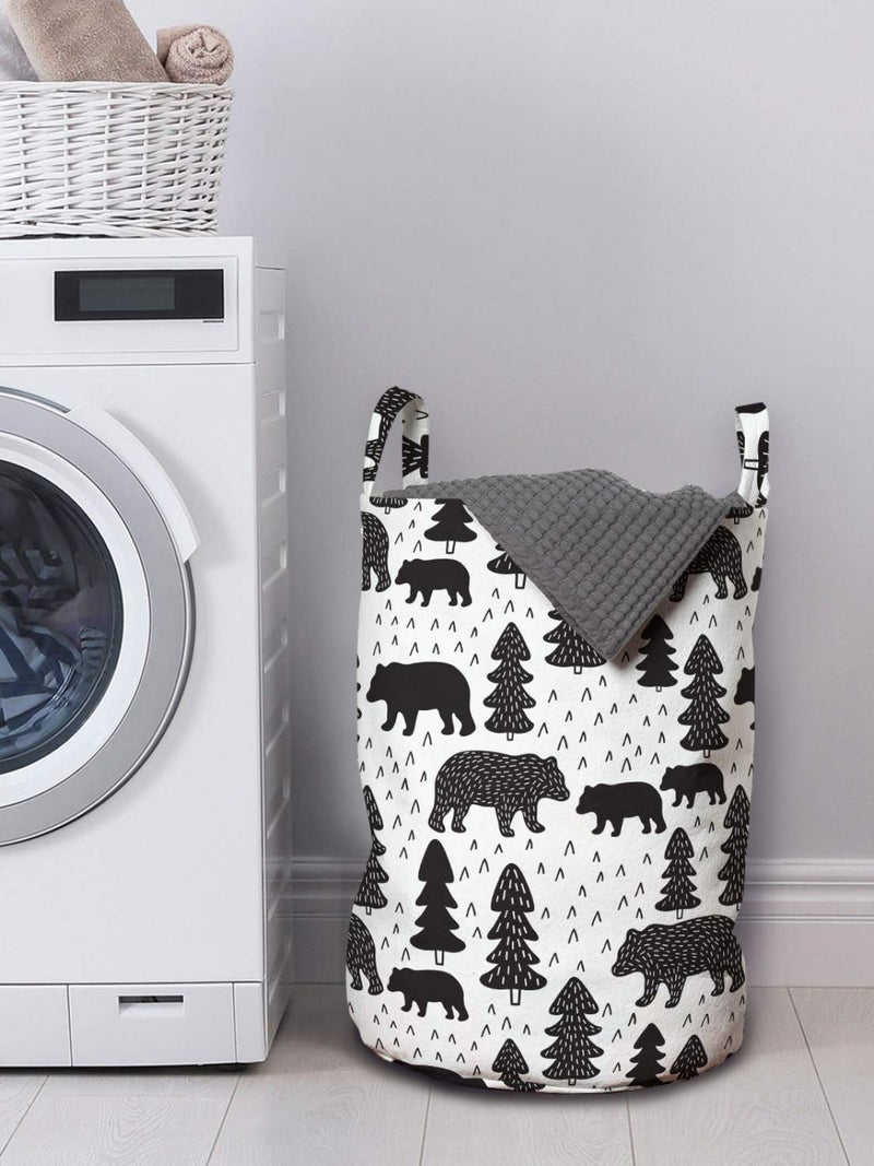 Lunarable Forest Laundry Bag, Doodle Woodland Grizzly Bears Pine Trees Winter Foliage Scandinavian, Hamper Basket with Handles Drawstring Closure for Laundromats, 13" x 19", Grey Charcoal - Image 2