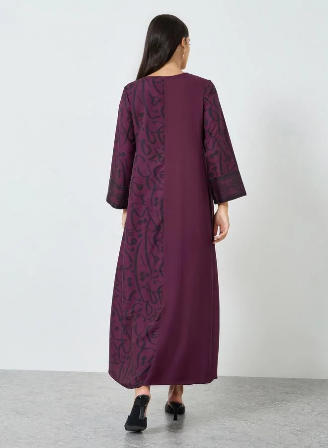 Amirah  Burgundy Notch Neck Jalabiya with Arabic Print for Women | Best Price UAE