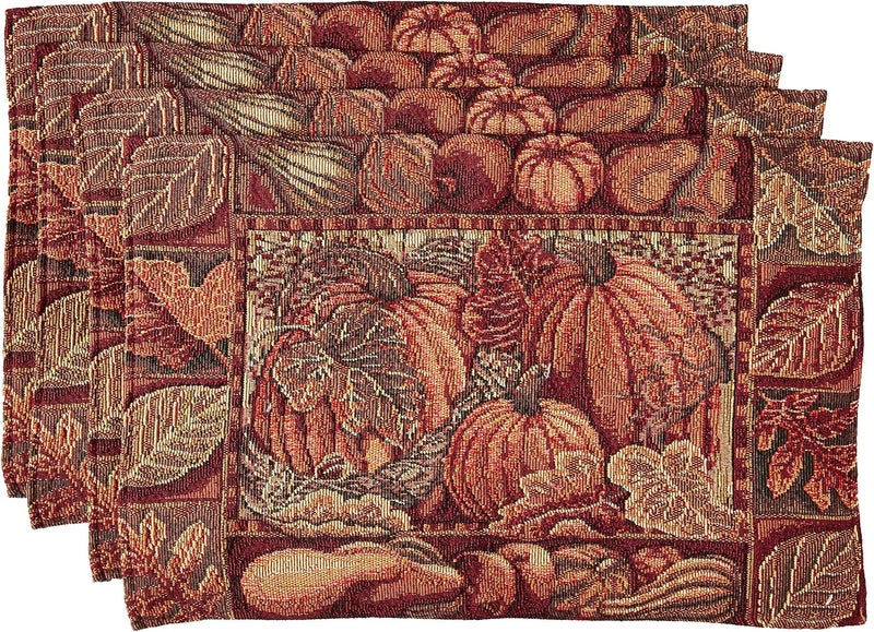 Violet Linen Fall Harvest Thanksgiving Autumn Leaves Sunflowers Fruits Pumpkins Tapestry Pattern Polyester Cotton Woven Tapestry Pumpkins 13 X 19 Rectangler Set of 4 Decorative Place Mats - Image 1