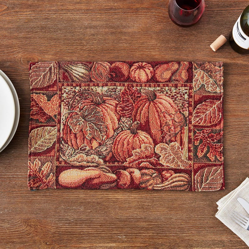 Violet Linen Fall Harvest Thanksgiving Autumn Leaves Sunflowers Fruits Pumpkins Tapestry Pattern Polyester Cotton Woven Tapestry Pumpkins 13 X 19 Rectangler Set of 4 Decorative Place Mats - Image 5