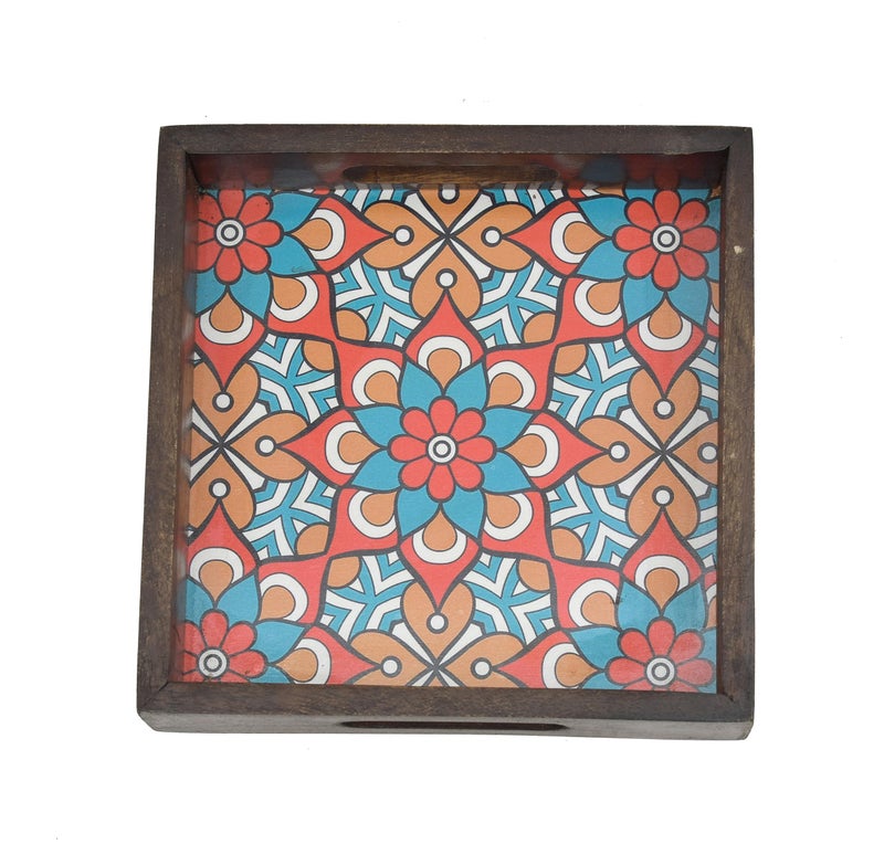 OGGN Multi Printed Wooden Serving Tray, Handmade Mango Wood Platter with Handles, Square Tea Breakfast Wood Plate, Trays for Kitchen, Dining Table (8 X 8 Inch) - Image 4