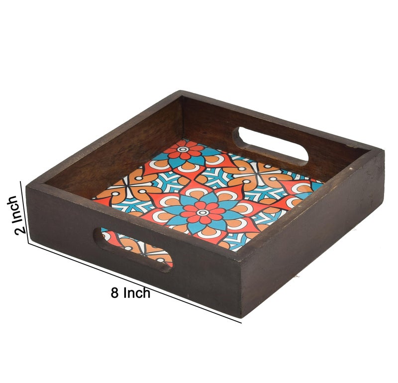 OGGN Multi Printed Wooden Serving Tray, Handmade Mango Wood Platter with Handles, Square Tea Breakfast Wood Plate, Trays for Kitchen, Dining Table (8 X 8 Inch) - Image 5