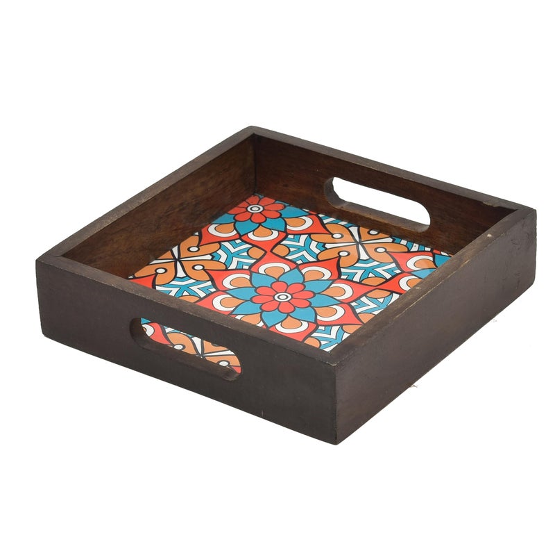 OGGN Multi Printed Wooden Serving Tray, Handmade Mango Wood Platter with Handles, Square Tea Breakfast Wood Plate, Trays for Kitchen, Dining Table (8 X 8 Inch) - Image 3