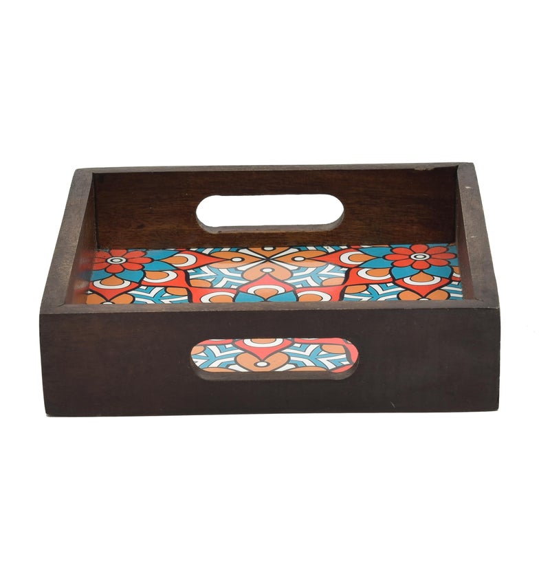 OGGN Multi Printed Wooden Serving Tray, Handmade Mango Wood Platter with Handles, Square Tea Breakfast Wood Plate, Trays for Kitchen, Dining Table (8 X 8 Inch) - Image 2