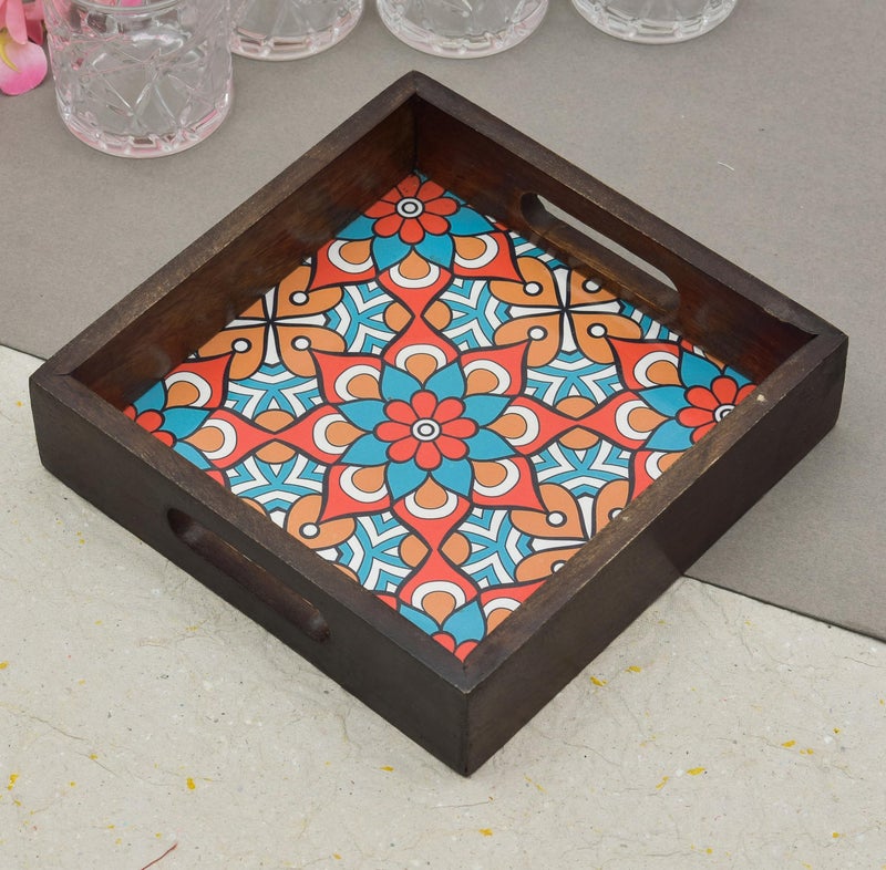 OGGN Multi Printed Wooden Serving Tray, Handmade Mango Wood Platter with Handles, Square Tea Breakfast Wood Plate, Trays for Kitchen, Dining Table (8 X 8 Inch) - Image 1
