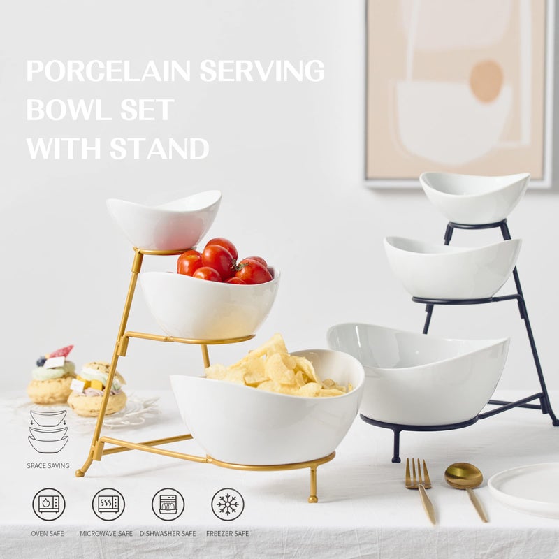 Gomakren 3 Tiered Oval Serving Bowl With Collapsible Metal Rack  Thanksgiving Bowls Dishes  Dessert Appetizer  Candy Chip Dip  Fruit  Vegetable Bowl Set  White Serving Dishes For Entertaining (Black) - Image 3