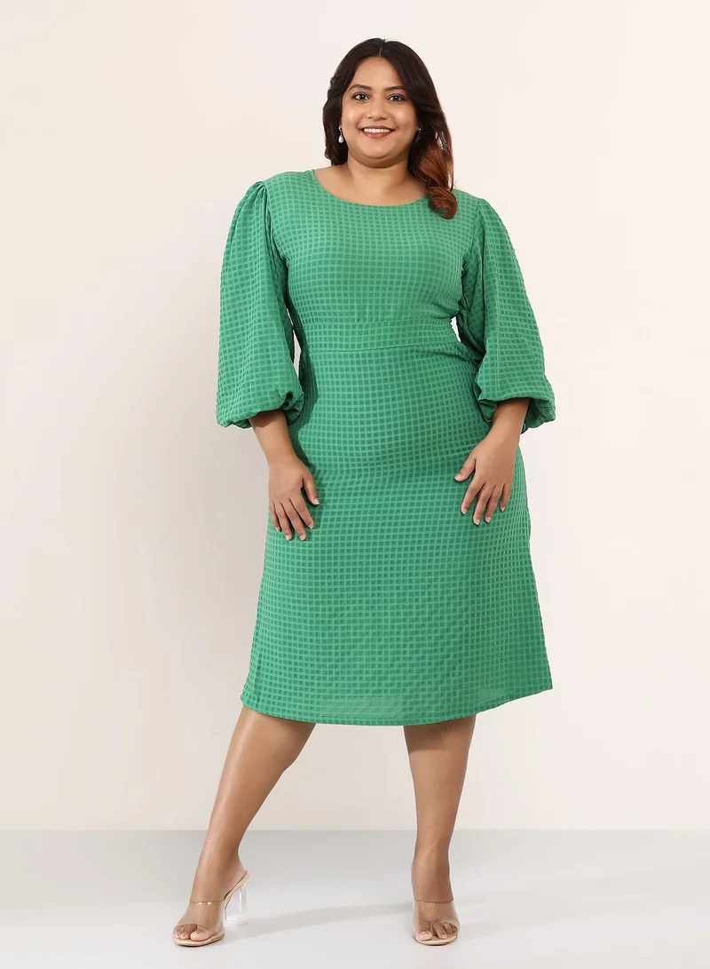 Instafab Plus Women's Open-Back Textured Midi Dress | Wide-Round Neck , Quarter Balloon Sleeves, Pull On Closure | Plus-Size Solid Textured Woven Dress For Casual & Daily Wear | Jungle Green