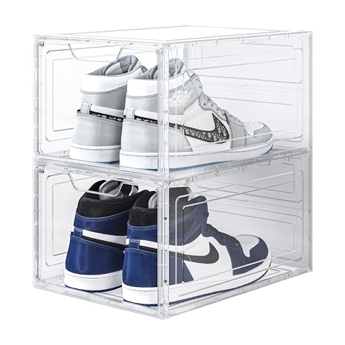Smart Saver Solid Plastic Shoe Organizer, Shoe Storage with Magnetic Front Door, Shoe Rack 2 Pack Shoe Boxes Clear, Sneaker Storage, Shoe Organizer for Closet, Shoe Display Case, White - Image 1