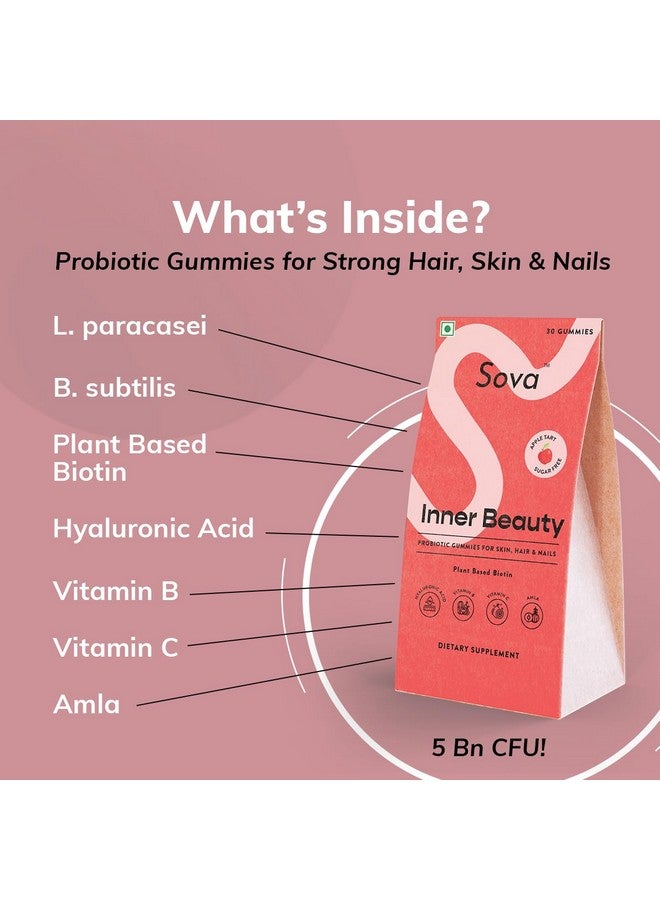 Sova Probiotic Plant Based Biotin Gummies | Acne Prevention & Glowing Skin | Prebiotics + 5 Billion CFUs Probiotics |10000 mcg Plant-Based Biotin, Hyaluronic Acid, Vitamin C, Amla | 30 Vegan Sugarless Gummies | Inner Beauty - Image 4
