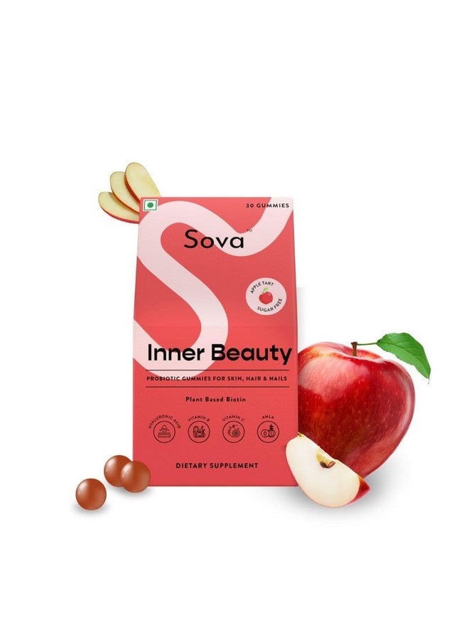 Sova Probiotic Plant Based Biotin Gummies | Acne Prevention & Glowing Skin | Prebiotics + 5 Billion CFUs Probiotics |10000 mcg Plant-Based Biotin, Hyaluronic Acid, Vitamin C, Amla | 30 Vegan Sugarless Gummies | Inner Beauty - Image 1