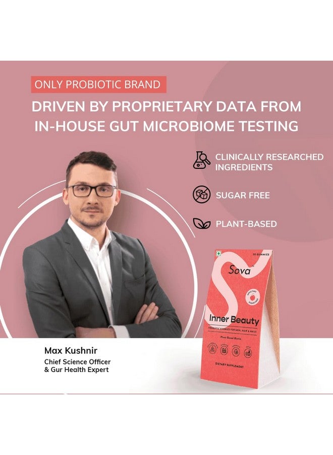 Sova Probiotic Plant Based Biotin Gummies | Acne Prevention & Glowing Skin | Prebiotics + 5 Billion CFUs Probiotics |10000 mcg Plant-Based Biotin, Hyaluronic Acid, Vitamin C, Amla | 30 Vegan Sugarless Gummies | Inner Beauty - Image 2