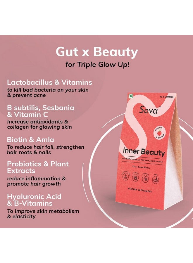 Sova Probiotic Plant Based Biotin Gummies | Acne Prevention & Glowing Skin | Prebiotics + 5 Billion CFUs Probiotics |10000 mcg Plant-Based Biotin, Hyaluronic Acid, Vitamin C, Amla | 30 Vegan Sugarless Gummies | Inner Beauty - Image 5