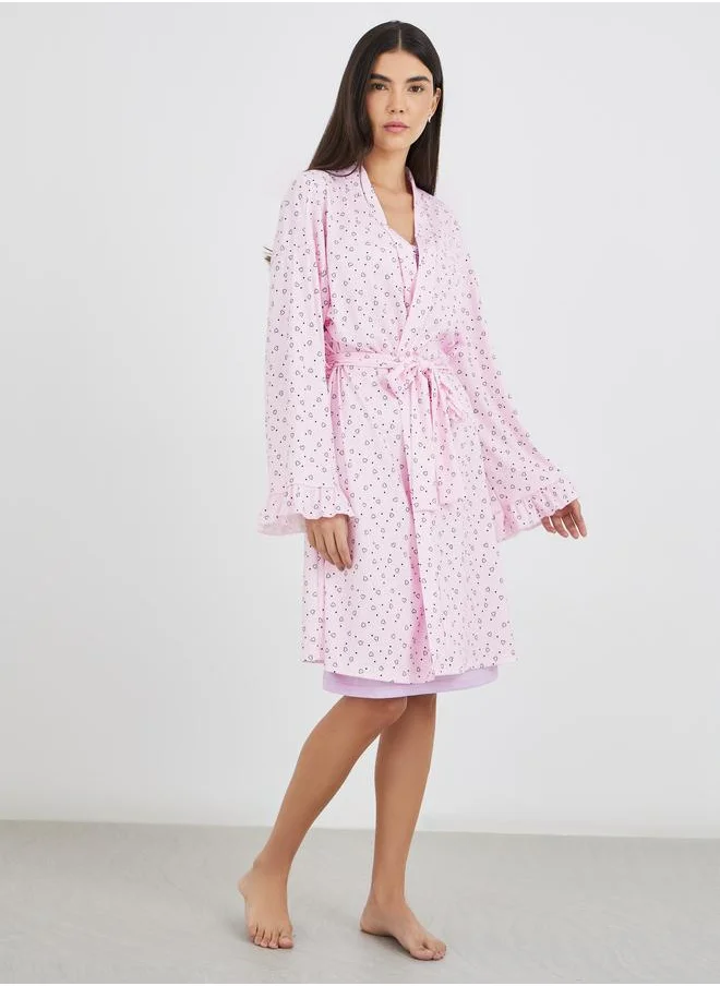 ستايلي Styli Ribbed Texture Heart Print Ruffle Sleeve Robe