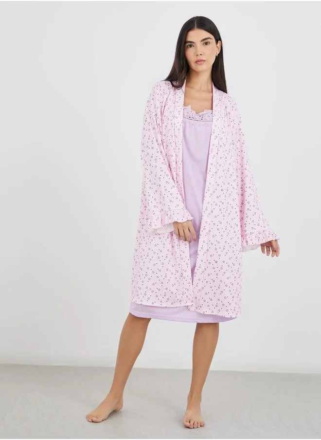 ستايلي Styli Ribbed Texture Heart Print Ruffle Sleeve Robe
