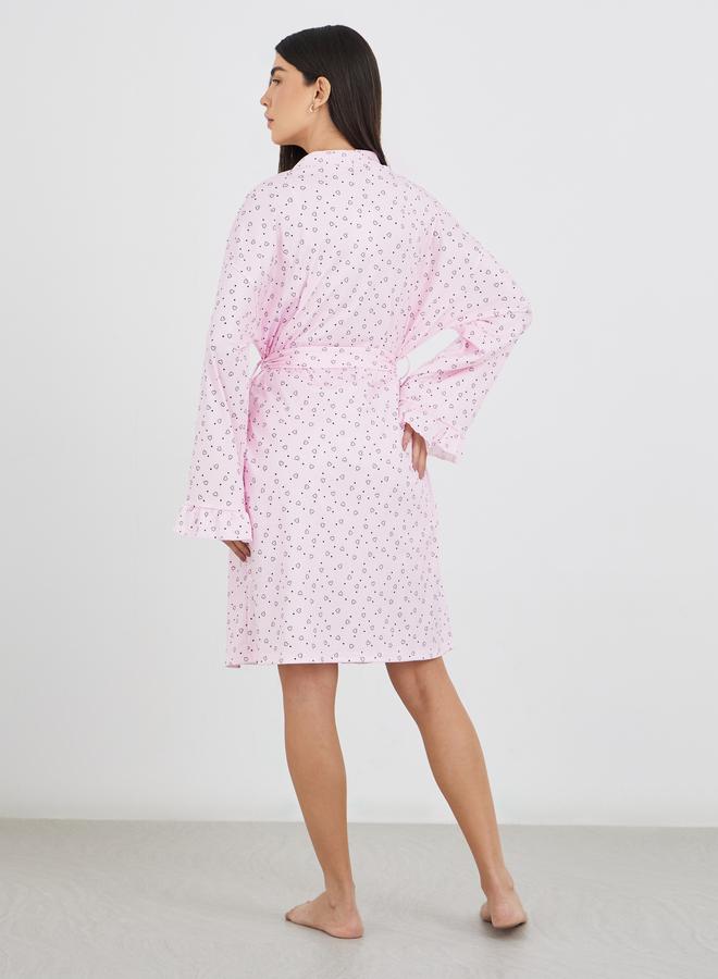 Styli Ribbed Texture Heart Print Ruffle Sleeve Robe - Image 5
